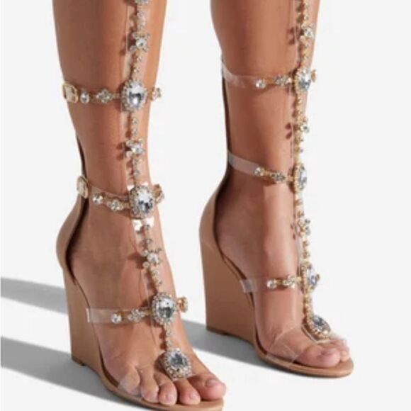 Shoe Dazzle Yulanda clear Gladiator wedge sandals jewels&gold tone accents SZ8.5 - Picture 1 of 14